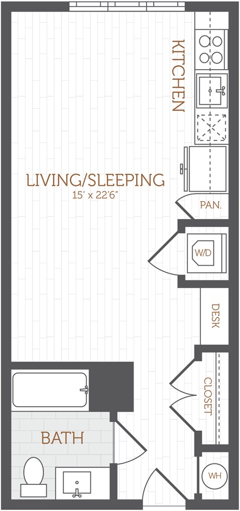 A floor plan of a small apartment with a living/sleeping area, kitchen, bathroom, and closet.